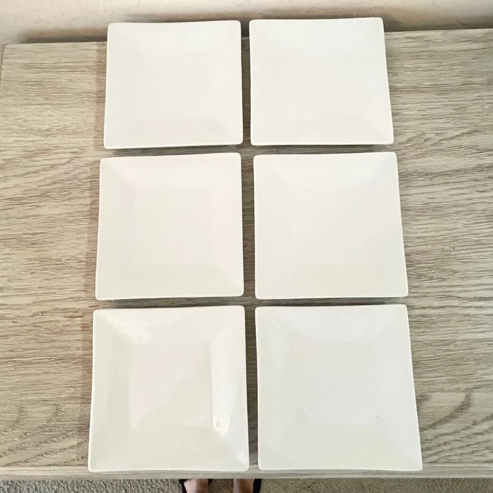 Crate & Barrel Set of 6 Appetizer Plates White Square Porcelain Ceramic Snacks